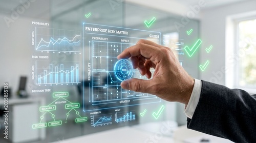 Businessman interacting with virtual enterprise risk matrix on transparent screen in modern office