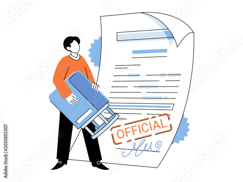 Man holding a giant stamp next to a paper vector illustration. Legal approval, certification, verification, contract signing, bureaucracy, official permit. Person sealing a certificate