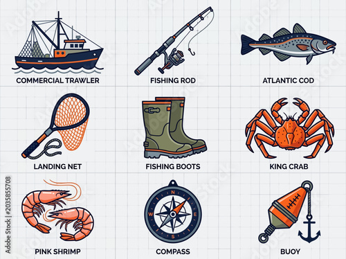 Tableau sur toile Commercial Fishing and Maritime Icon Set with Boat, Rod, Cod Fish, King Crab, Sh