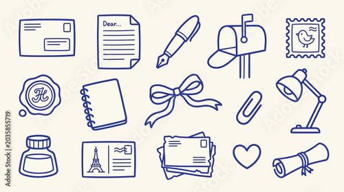 Canvastavla Collection of hand-drawn stationery and postal icons in blue outline on a cream background