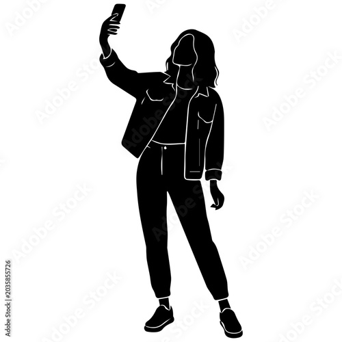 Silhouette of a woman taking a selfie with her smartphone, minimalist black and white illustration