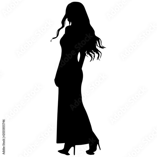 Quadro su tela Elegant Woman Silhouette in Long Dress Standing and Looking Away, Black and Whit
