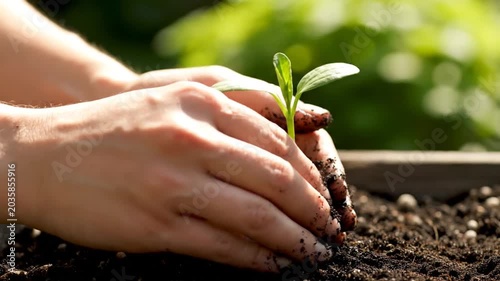 Person's hands planting small green seedling in dark soil outdoors