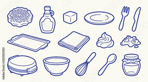 Fotografie A collection of illustrated breakfast items including waffles, syrup, butter, and utensils, presented in a simple line art style