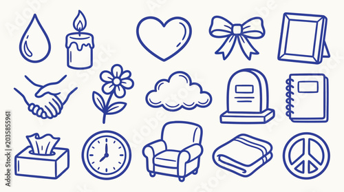 Foto Collection of hand-drawn icons representing grief, loss, and remembrance, including a candle, heart, and tombstone