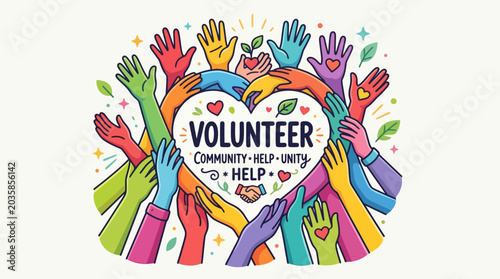 Volunteer Community Help Illustration With Colorful Raised Hands, Heart, Unity And Charity Support Concept
