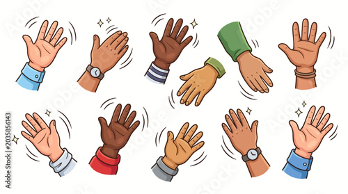 Cartoon Waving Hands Set With Diverse Skin Tones, Greeting Gesture, Isolated White Background Illustration
