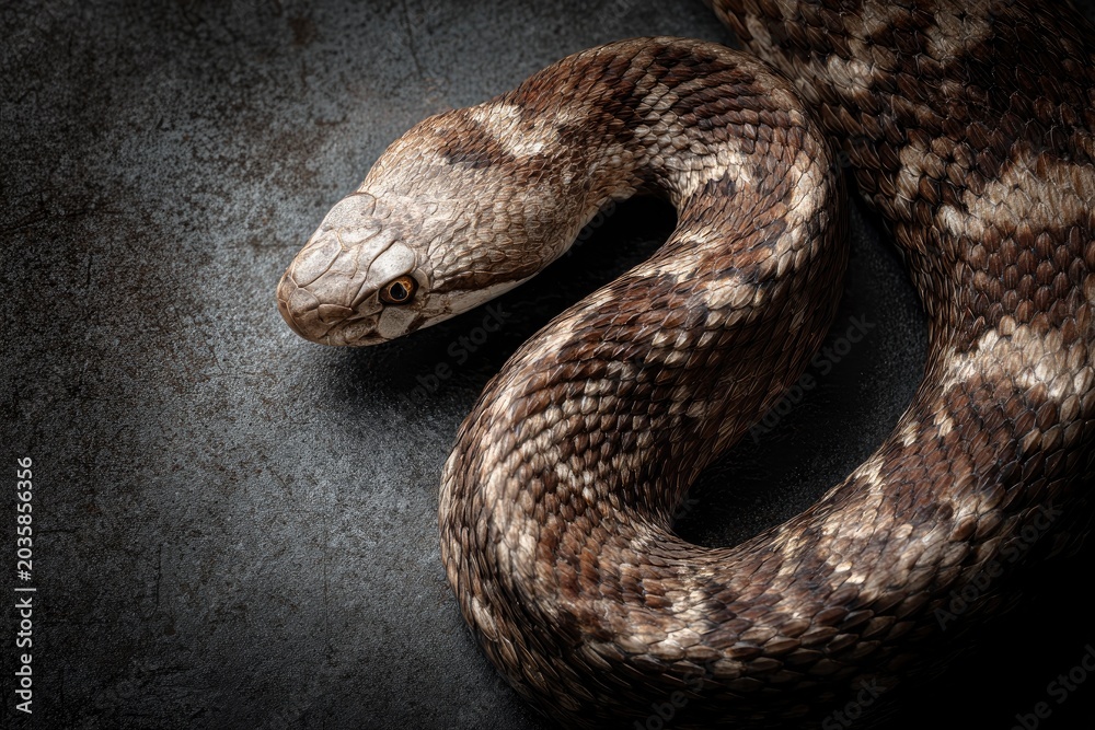 Obraz premium Snake head with textured scales resting on dark stone in dramatic low-key lighting macro shot for wildlife education and biology marketing