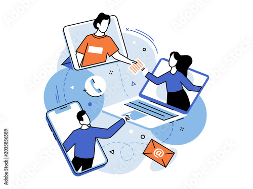 People sharing files through digital devices vector illustration. Remote work, digital collaboration, online business, virtual office, telecommuting, networking. Users interacting via gadgets