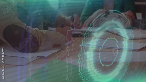 Teal HUD appearing triggers camera pulling back while team writing, passing papers, collaborating