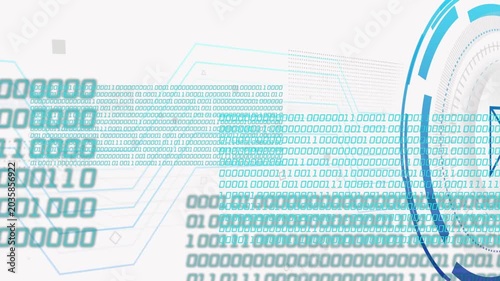 Binary columns expanding, circular HUD growing, scanning, circuit lines linking for mail search