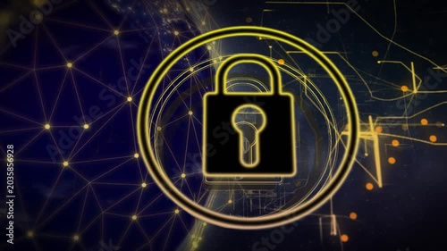 Golden lines intensifying on planet sparking padlock emerging, centering, pulsing, securing globe