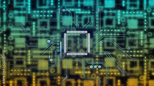 Receiving power, central chip brightening, sending glowing traces while nodes pulsing, showing data