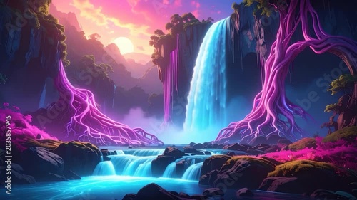 A vibrant, fantastical waterfall scene with glowing pink roots and a colorful sky
