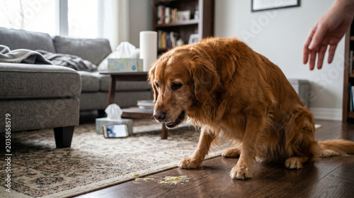Sick Golden Retriever Dog Vomiting on Living Room Floor with Owner Nearby