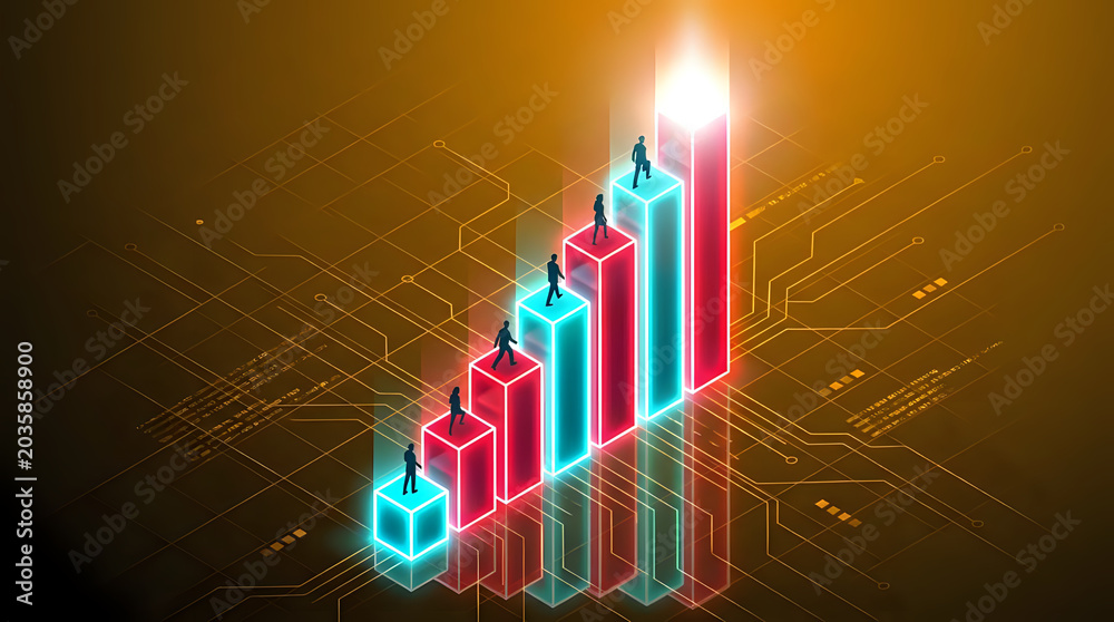 Fototapeta premium People climbing glowing holographic bar graph representing financial growth and success in digital workspace
