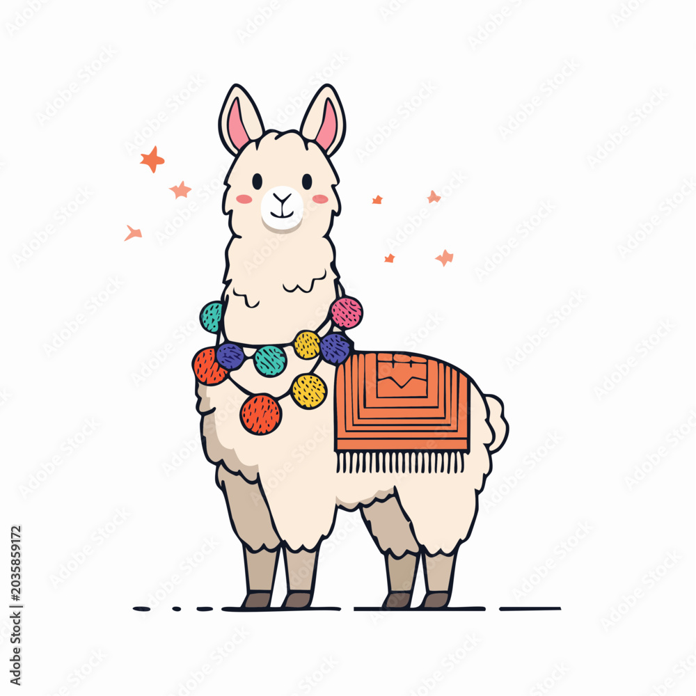 Naklejka premium Cute Cartoon Llama with Colorful Pom-Pom Garland and Blanket