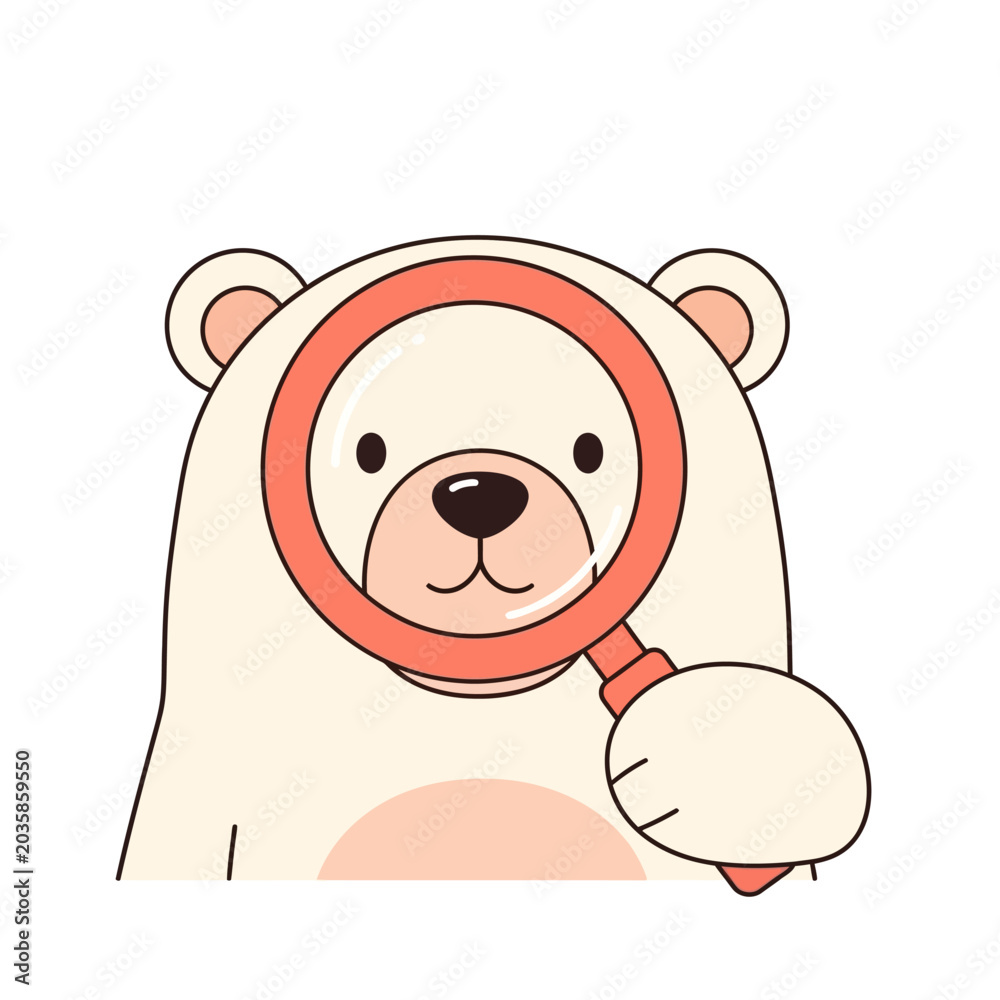 Fototapeta premium Cute kawaii polar bear character holding a red magnifying glass up to its eye for inspection or search, minimalist vector illustration on a plain white background for web design.