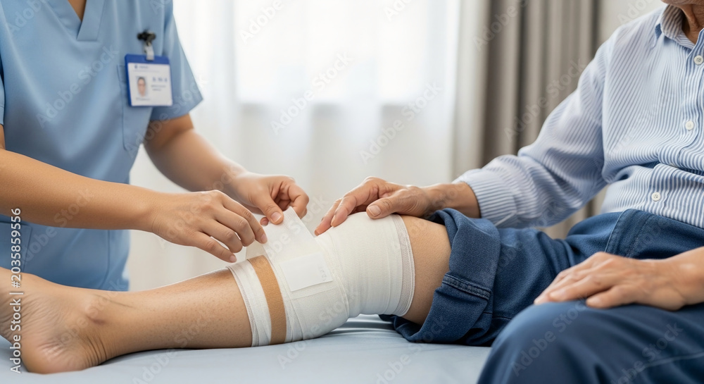 Obraz premium Nurse applying a medical compression bandage to a senior man's knee during a home healthcare visit for rehabilitation and post-surgery recovery support