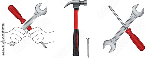 Cuadro en lienzo Hand tools set with hammer wrench screwdriver and nails isolated vector illustra