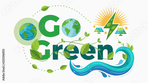 Full color vector illustration with Go Green typography integrated with leaves, earth, water and energy symbols, modern flat design, isolated on white background