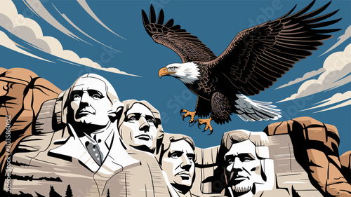 Canvas Print An illustrative depiction of Mount Rushmore featuring the carved faces of four US presidents with a majestic bald eagle soaring in the sky above