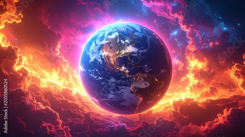 Planet Earth in space, surrounded by celestial clouds, glowing brightly
