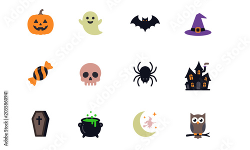 A delightful collection of spooky and whimsical Halloween icons, featuring pumpkins, ghosts, bats, witches hats, candy, skulls, spiders, haunted houses, coffins, cauldrons, moons, and owls