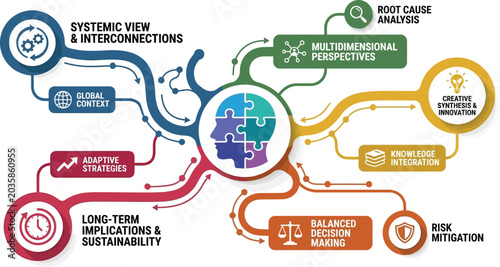 Systems thinking infographic with human brain puzzle, multidimensional perspective mind map, strategic decision making and root cause analysis vector