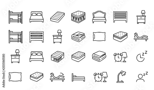 Bedroom furniture icons vector thin line mattress bed pillow set