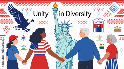 Tableau sur toile Diverse group of people holding hands in front of the Statue of Liberty, symbolizing unity in diversity