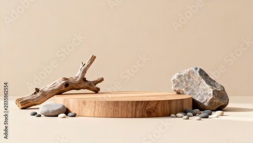 Wooden platform with driftwood and rocks