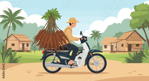 Schilderij op canvas Farmer riding a motorcycle with harvested crops in a rural village scene
