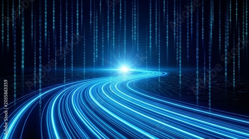 A futuristic digital data highway with glowing blue light trails and falling binary code streams, symbolizing high-speed information flow and technological advancement.
