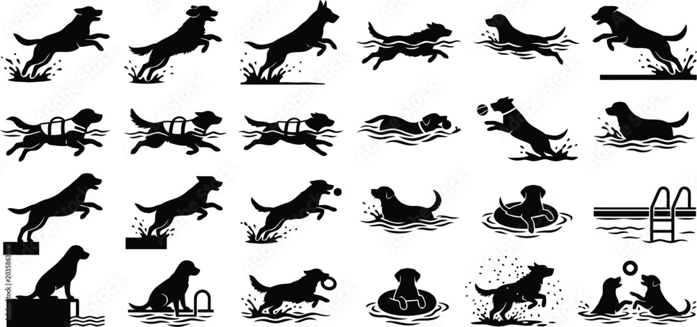 Εκτύπωση καμβά Black silhouette dogs in various actions and settings