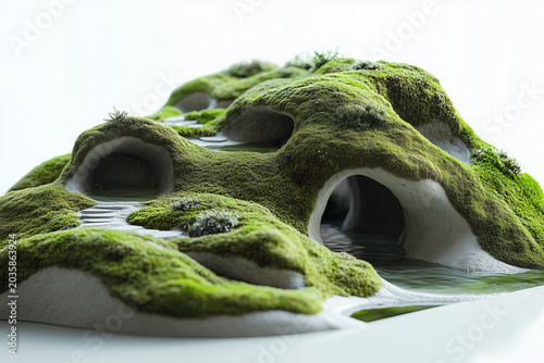 Oasis moss covered architecture small cave, blending smooth clay surfaces, flowing water motifs, and natural green.