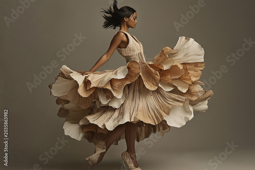 Black woman wear dress made from biodegradable materials. Eco-friendly fashion with recycled fabrics organic style. Sustainable fashion.