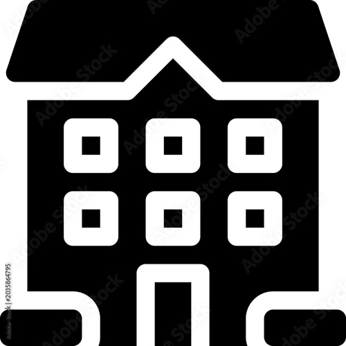 Grid of black glyph housing and building icons representing homes, apartments, cottages, offices and property concepts. Clean outline style suited for UI, real estate, architecture
