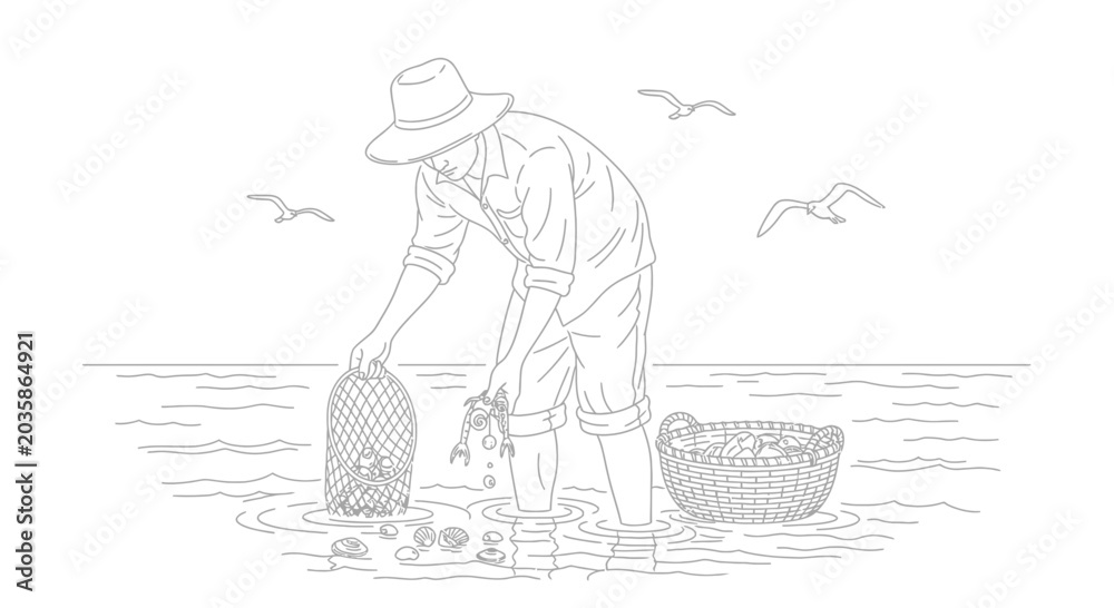 Fototapeta premium Fisherman collecting shellfish in shallow water, illustration