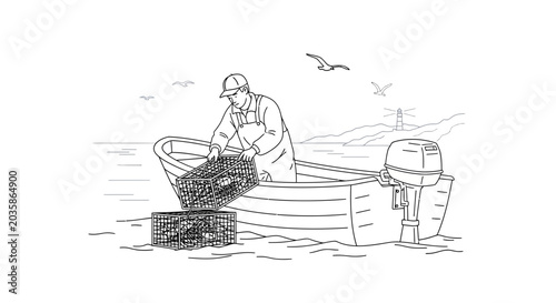 Fisherman in Boat Catching Crab, Lighthouse and Seagulls