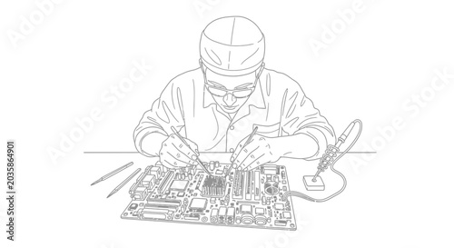 Technician Soldering Computer Motherboard, Electronic Repair and Assembly