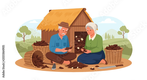 Elderly Couple Harvesting and Preparing Produce Outside Rural Hut