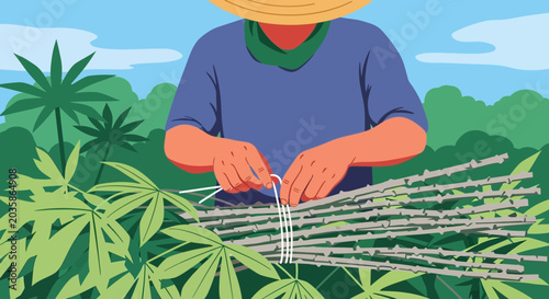 Farmer Bundling Cassava Stems in Tropical Field - Agricultural Work Illustration