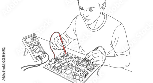 Man testing electronic circuit board with multimeter, schematic illustration