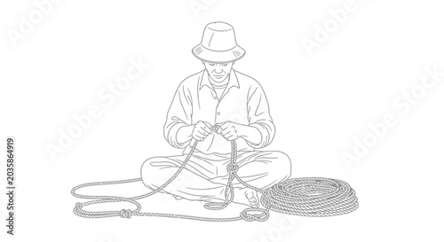 Man Sitting Cross-legged Weaving Rope, Traditional Craftsmanship, Handmade Nautical Knot