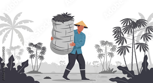 Farmer Carrying Sacks of Harvest in Tropical Landscape