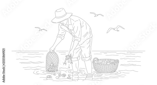 Fisherman collecting shellfish in shallow water, illustration