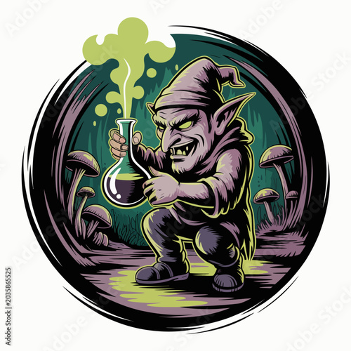 Photography Goblin holding a magic potion flask.