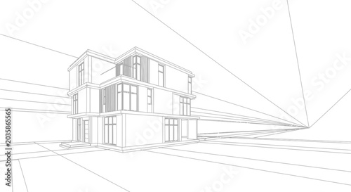 Conceptual architectural perspective drawing of a modern house, rendered in a clean wireframe 3D style, illustrating contemporary building design and future construction plans