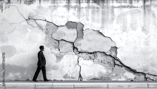Solitary Man Walking Past Cracked Concrete Wall in Urban Street Scene